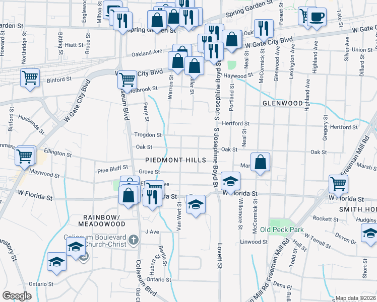 map of restaurants, bars, coffee shops, grocery stores, and more near 1611 Oak Street in Greensboro