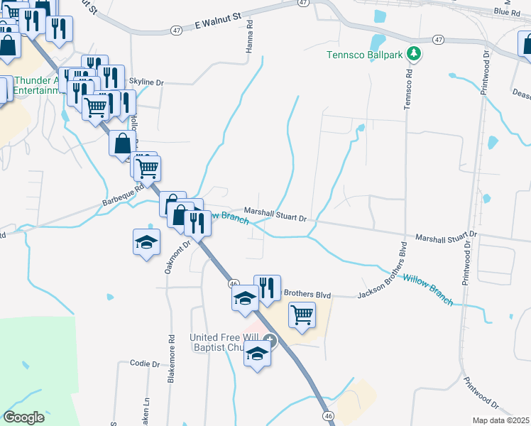 map of restaurants, bars, coffee shops, grocery stores, and more near 101 Sherry Lane in Dickson