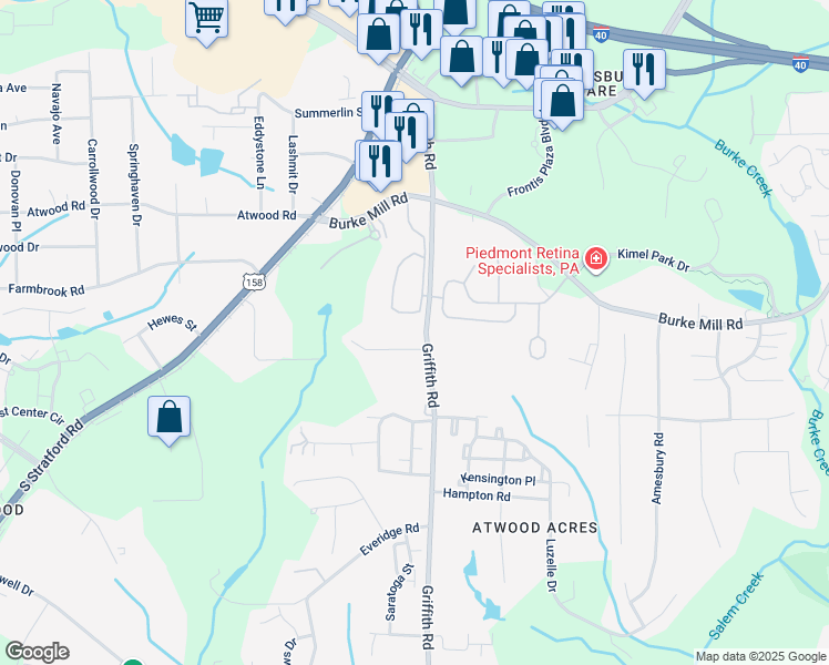 map of restaurants, bars, coffee shops, grocery stores, and more near 2260 Griffith Road in Winston-Salem
