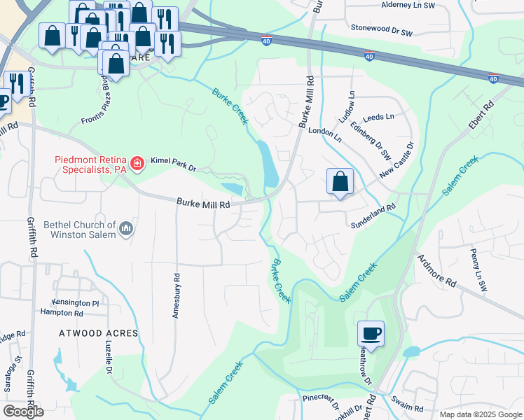 map of restaurants, bars, coffee shops, grocery stores, and more near 2848 Shadowbrook Lane in Winston-Salem