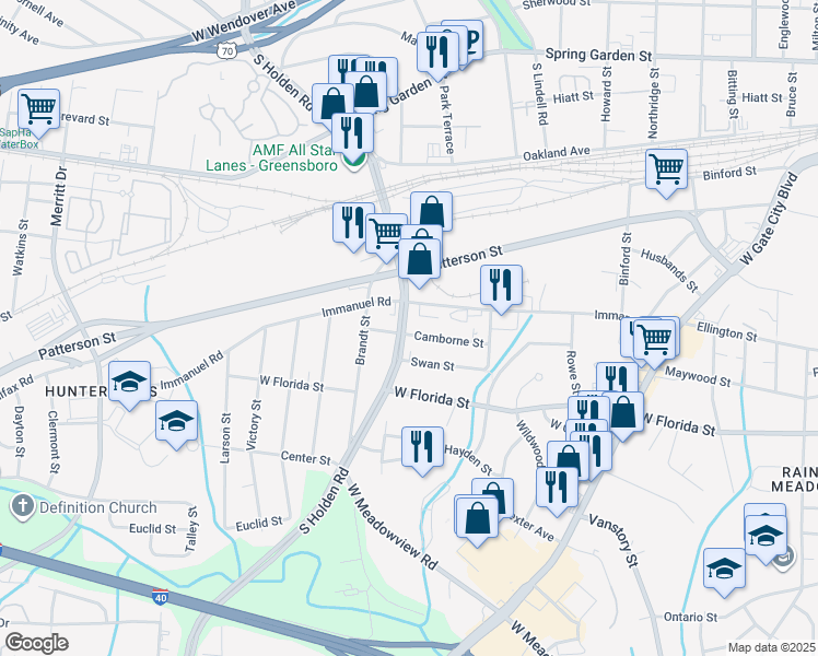 map of restaurants, bars, coffee shops, grocery stores, and more near 2840 Camborne Street in Greensboro