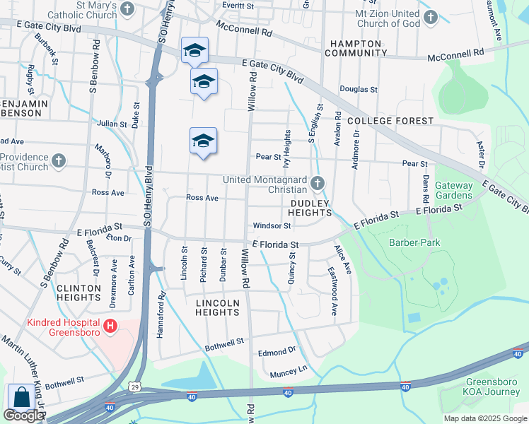 map of restaurants, bars, coffee shops, grocery stores, and more near 2112 Joe Louis Avenue in Greensboro