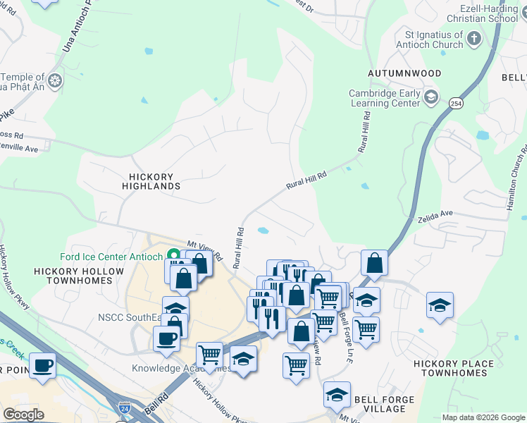 map of restaurants, bars, coffee shops, grocery stores, and more near 1385 Rural Hill Road in Nashville