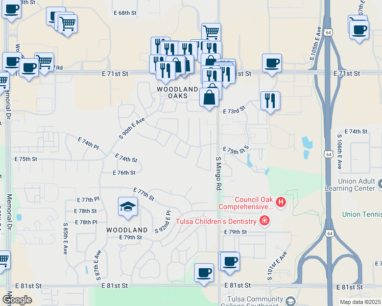 map of restaurants, bars, coffee shops, grocery stores, and more near 7511 South 94th East Avenue in Tulsa