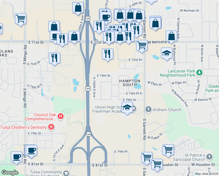 map of restaurants, bars, coffee shops, grocery stores, and more near 7506 South 108th East Avenue in Tulsa