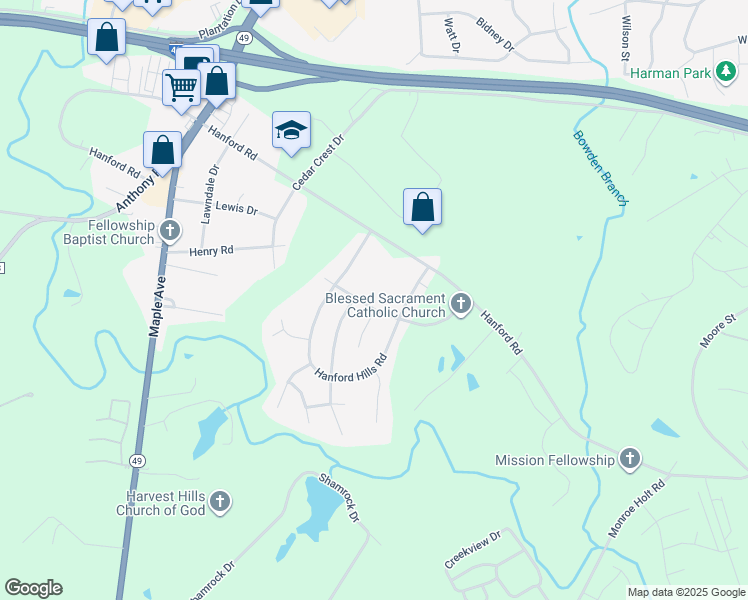 map of restaurants, bars, coffee shops, grocery stores, and more near 1441 Brickyard Way in Graham