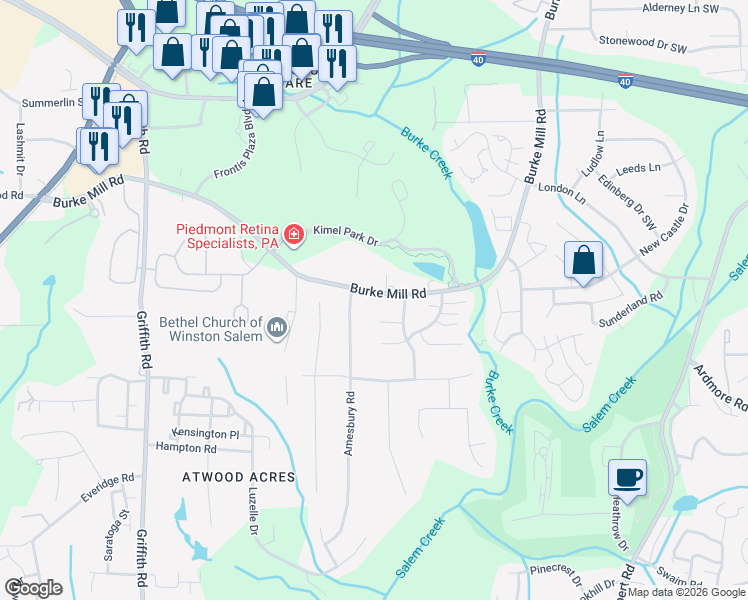 map of restaurants, bars, coffee shops, grocery stores, and more near 2980 Burke Mill Road in Winston-Salem
