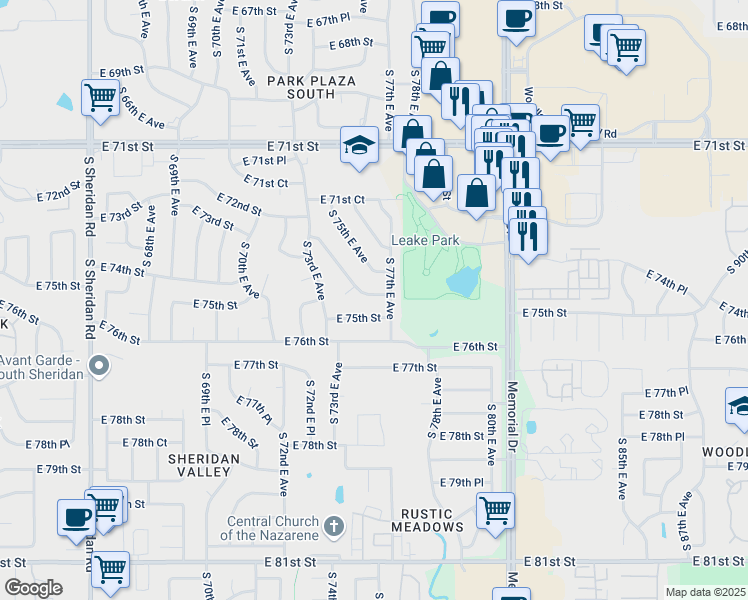 map of restaurants, bars, coffee shops, grocery stores, and more near 7416 East 74th Street in Tulsa
