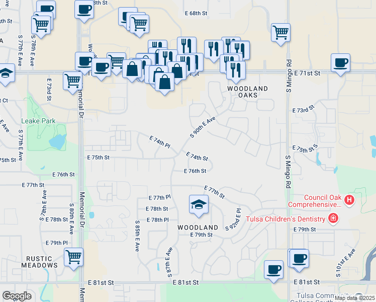 map of restaurants, bars, coffee shops, grocery stores, and more near 8809 East 74th Street in Tulsa