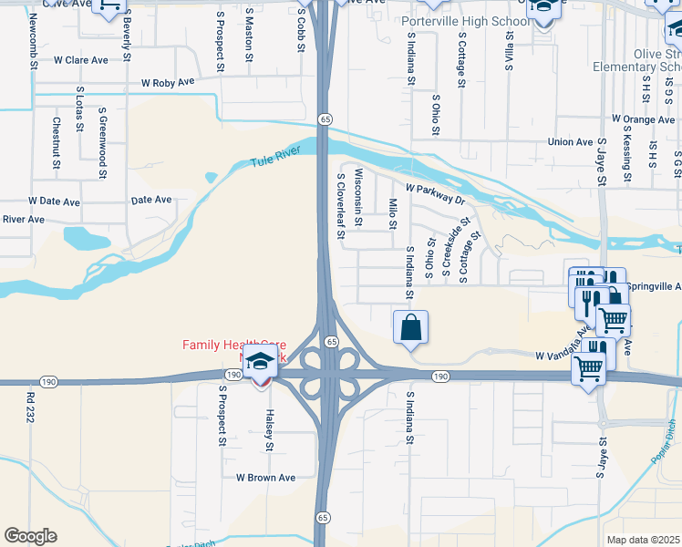 map of restaurants, bars, coffee shops, grocery stores, and more near 973 West Cleo Avenue in Porterville