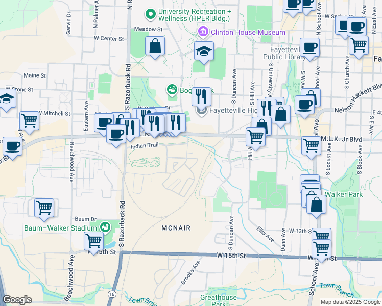 map of restaurants, bars, coffee shops, grocery stores, and more near 924 South Stadium Drive in Fayetteville