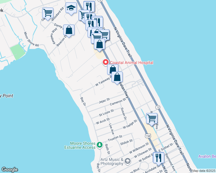 map of restaurants, bars, coffee shops, grocery stores, and more near 111 Sunrise View in Kitty Hawk