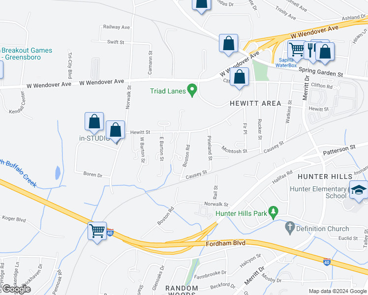 map of restaurants, bars, coffee shops, grocery stores, and more near 1012 Boston Road in Greensboro