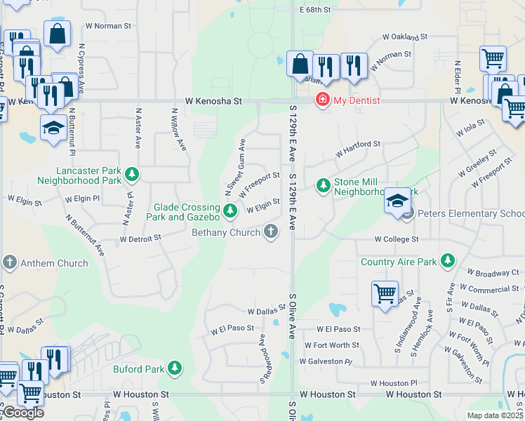 map of restaurants, bars, coffee shops, grocery stores, and more near 3717 West Elgin Street in Broken Arrow