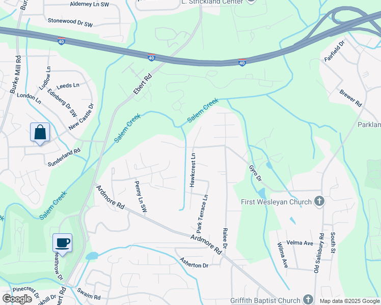 map of restaurants, bars, coffee shops, grocery stores, and more near 1511 Hawkcrest Lane in Winston-Salem