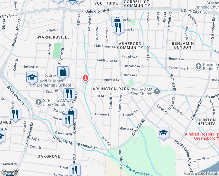 map of restaurants, bars, coffee shops, grocery stores, and more near 1112 Caldwell Street in Greensboro