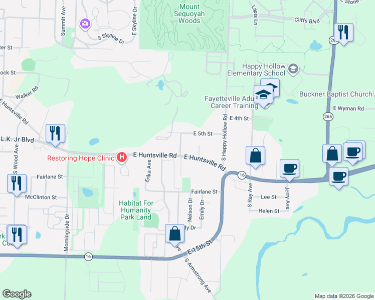 map of restaurants, bars, coffee shops, grocery stores, and more near 1614 Martin Luther King Junior Boulevard in Fayetteville