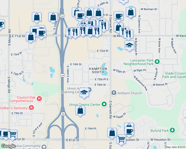 map of restaurants, bars, coffee shops, grocery stores, and more near 7509 South 109th East Avenue in Tulsa