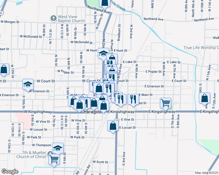 map of restaurants, bars, coffee shops, grocery stores, and more near 200 South Pruett Street in Paragould