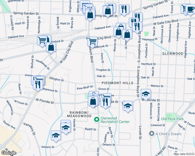 map of restaurants, bars, coffee shops, grocery stores, and more near 1911 Oak Street in Greensboro