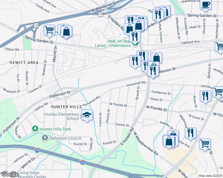 map of restaurants, bars, coffee shops, grocery stores, and more near 3203 Immanuel Road in Greensboro