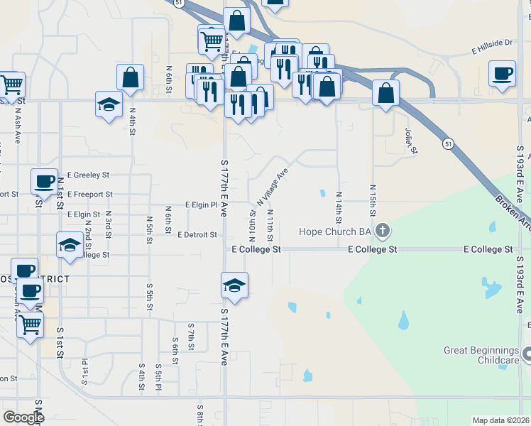 map of restaurants, bars, coffee shops, grocery stores, and more near 305 North 11th Street in Broken Arrow