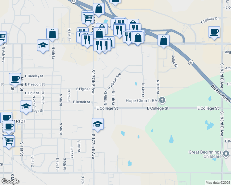 map of restaurants, bars, coffee shops, grocery stores, and more near 305 N 11th St in Broken Arrow