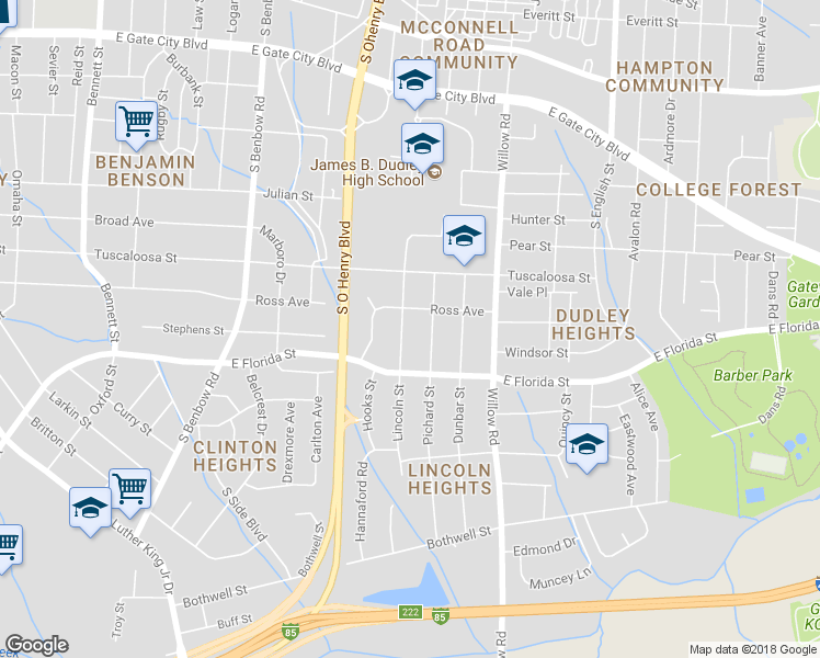 map of restaurants, bars, coffee shops, grocery stores, and more near 1507 Lincoln Street in Greensboro