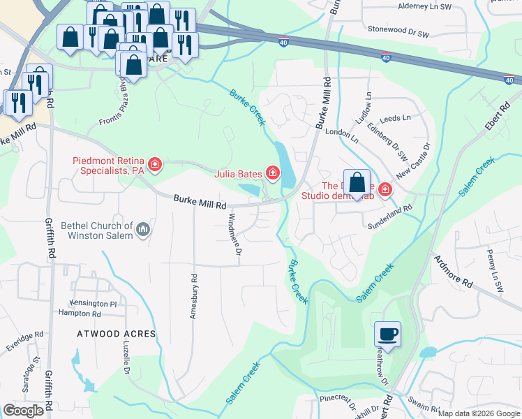 map of restaurants, bars, coffee shops, grocery stores, and more near 2801 Shadowbrook Lane in Winston-Salem