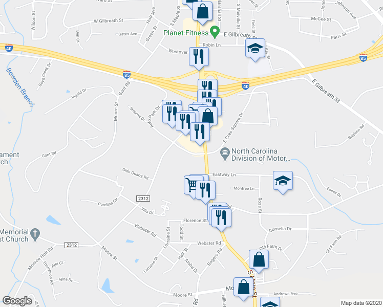 map of restaurants, bars, coffee shops, grocery stores, and more near 123 West Crescent Square Drive in Graham