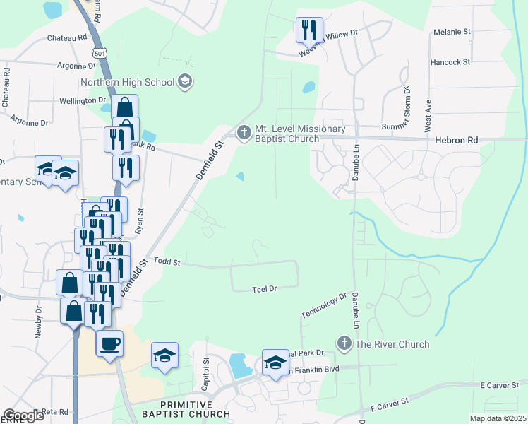 map of restaurants, bars, coffee shops, grocery stores, and more near 4530 Denfield Street in Durham