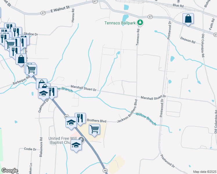map of restaurants, bars, coffee shops, grocery stores, and more near 103 Schrader Heights Drive in Dickson