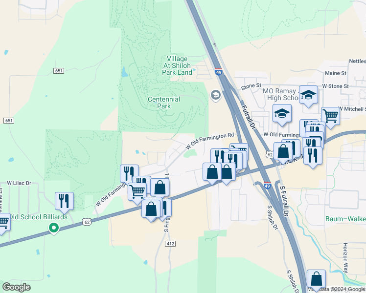 map of restaurants, bars, coffee shops, grocery stores, and more near 2896 West Old Farmington Road in Fayetteville