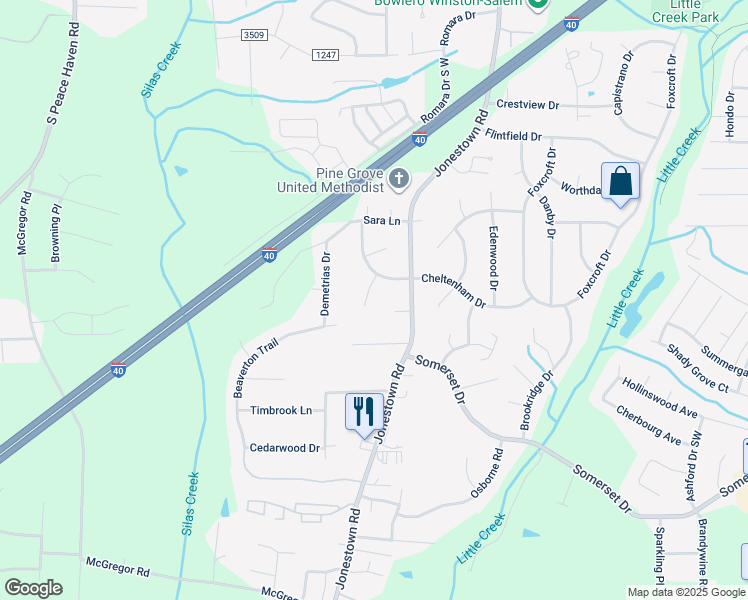 map of restaurants, bars, coffee shops, grocery stores, and more near 1213 Bucklebury Court in Winston-Salem