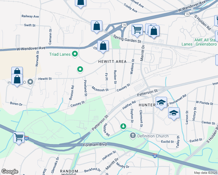 map of restaurants, bars, coffee shops, grocery stores, and more near 3936 McIntosh Street in Greensboro