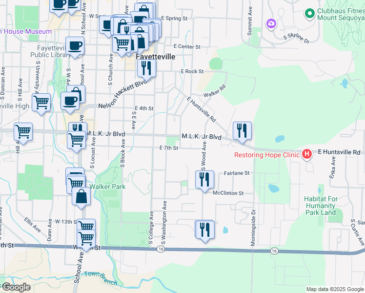 map of restaurants, bars, coffee shops, grocery stores, and more near 364 East 7th Street in Fayetteville