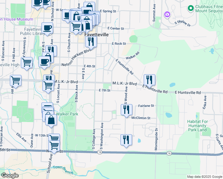 map of restaurants, bars, coffee shops, grocery stores, and more near 223 East 7th Street in Fayetteville