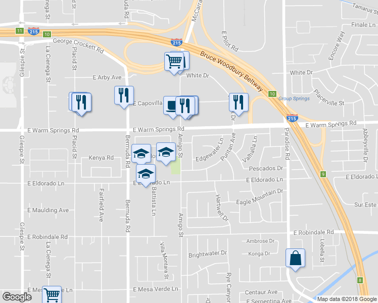 map of restaurants, bars, coffee shops, grocery stores, and more near 7389 Picardie Lane in Las Vegas