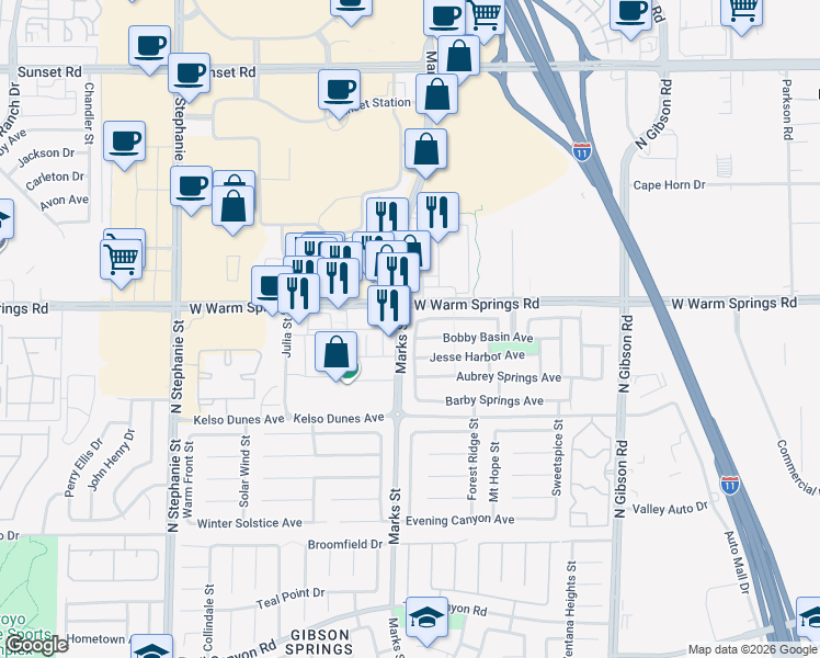 map of restaurants, bars, coffee shops, grocery stores, and more near 389 Wilford Springs Street in Henderson