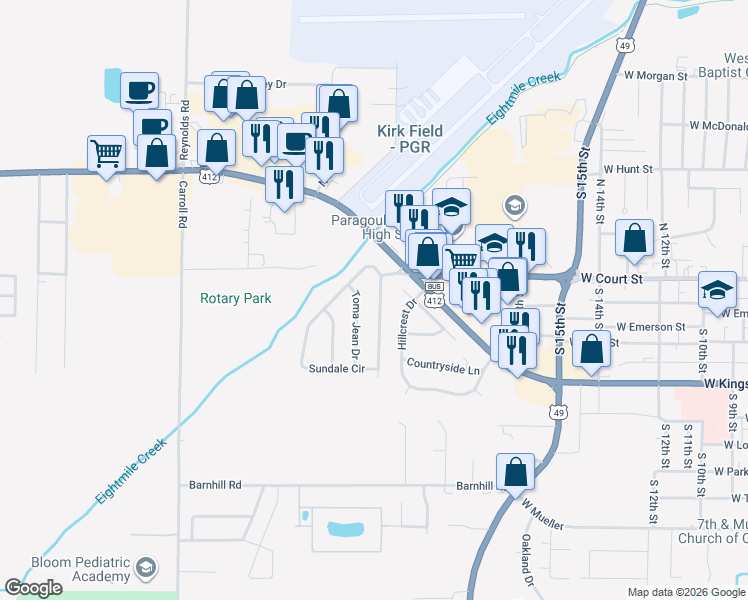 map of restaurants, bars, coffee shops, grocery stores, and more near 8 Sundale Circle in Paragould