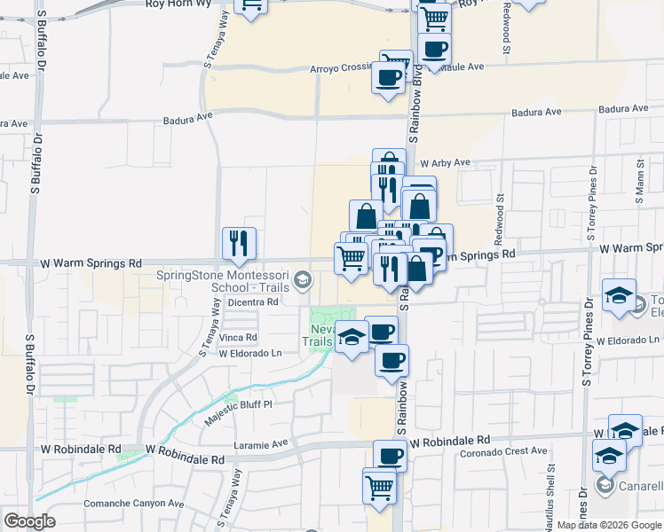 map of restaurants, bars, coffee shops, grocery stores, and more near 160 West Warm Springs Road in Las Vegas