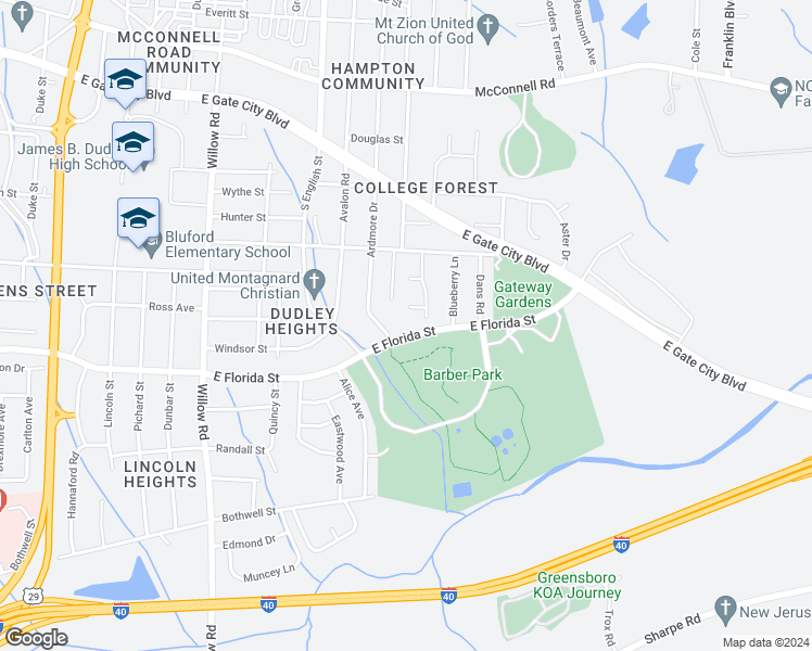 map of restaurants, bars, coffee shops, grocery stores, and more near 2409 East Florida Street in Greensboro