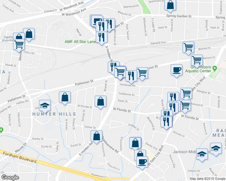 map of restaurants, bars, coffee shops, grocery stores, and more near 2840 Camborne Street in Greensboro