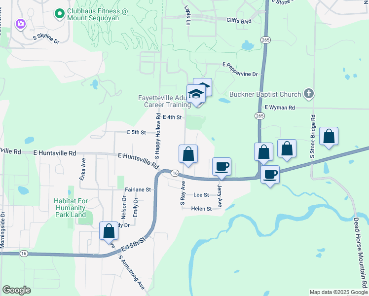 map of restaurants, bars, coffee shops, grocery stores, and more near 637 South Ray Avenue in Fayetteville
