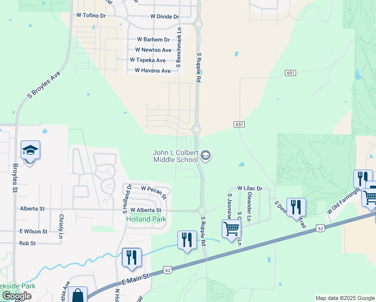 map of restaurants, bars, coffee shops, grocery stores, and more near North Rupple Road in Fayetteville