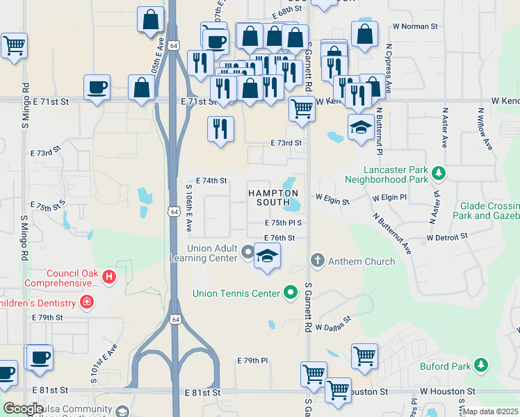 map of restaurants, bars, coffee shops, grocery stores, and more near 7509 South 109th East Avenue in Tulsa