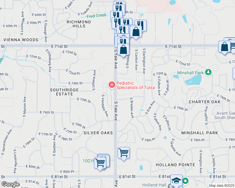 map of restaurants, bars, coffee shops, grocery stores, and more near 7424 South Yale Avenue in Tulsa