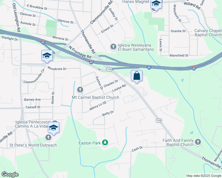 map of restaurants, bars, coffee shops, grocery stores, and more near 1109 Louise Rd in Winston-Salem