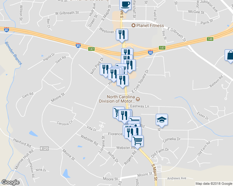 map of restaurants, bars, coffee shops, grocery stores, and more near 142 West Crescent Square Drive in Graham