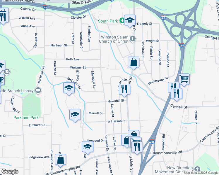map of restaurants, bars, coffee shops, grocery stores, and more near 3110 Luther Street in Winston-Salem